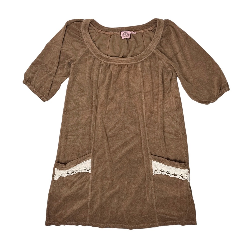 Juicy Couture Velour Mini Dress Brown Puff Sleeve Lace Pocket‎ Y2K Women's M